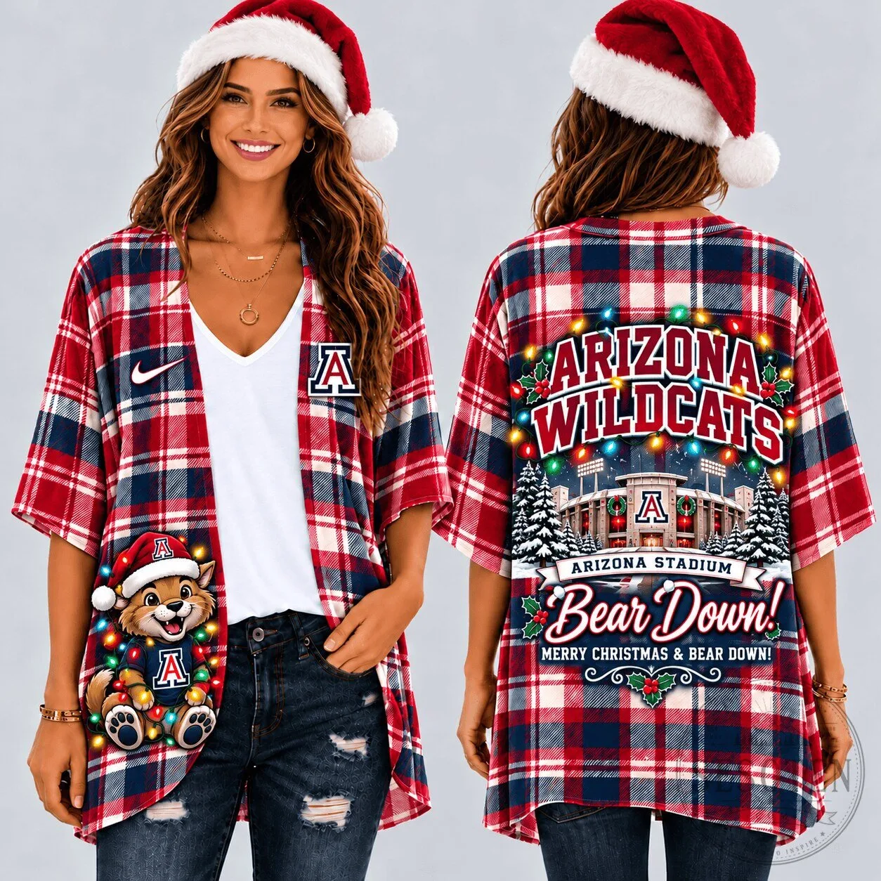 Arizona Wildcats Christmas Plaid Women's Kimono Cardigan