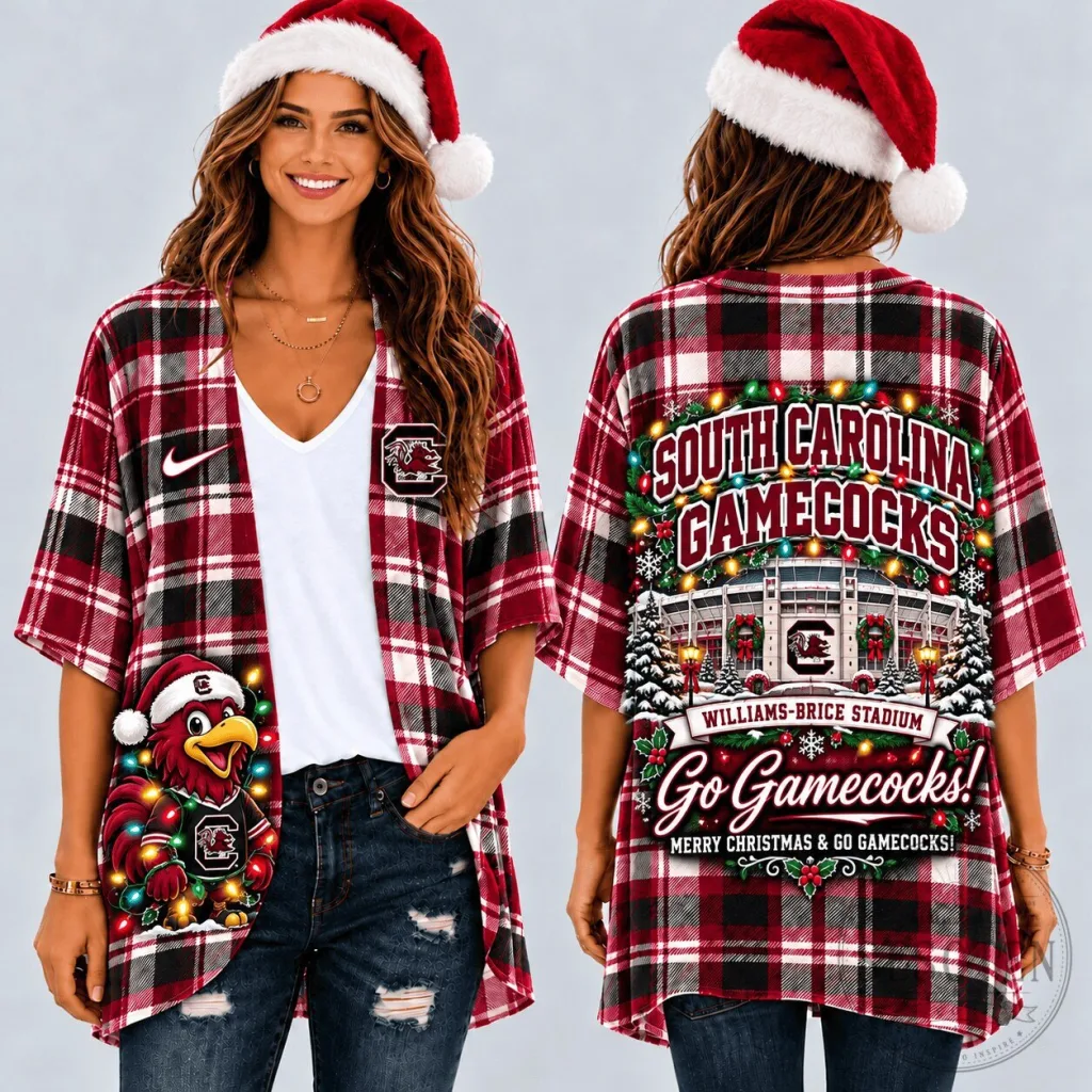 South Carolina Gamecocks Christmas Plaid Williams-Brice Stadium Kimono Cardigan South Carolina Gamecocks Christmas Plaid Williams-Brice Stadium Kimono Cardigan