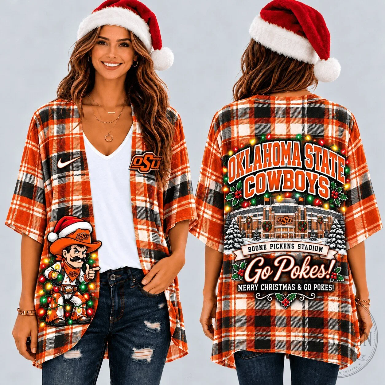 Oklahoma State Cowboys Christmas Plaid Kimono Cardigan