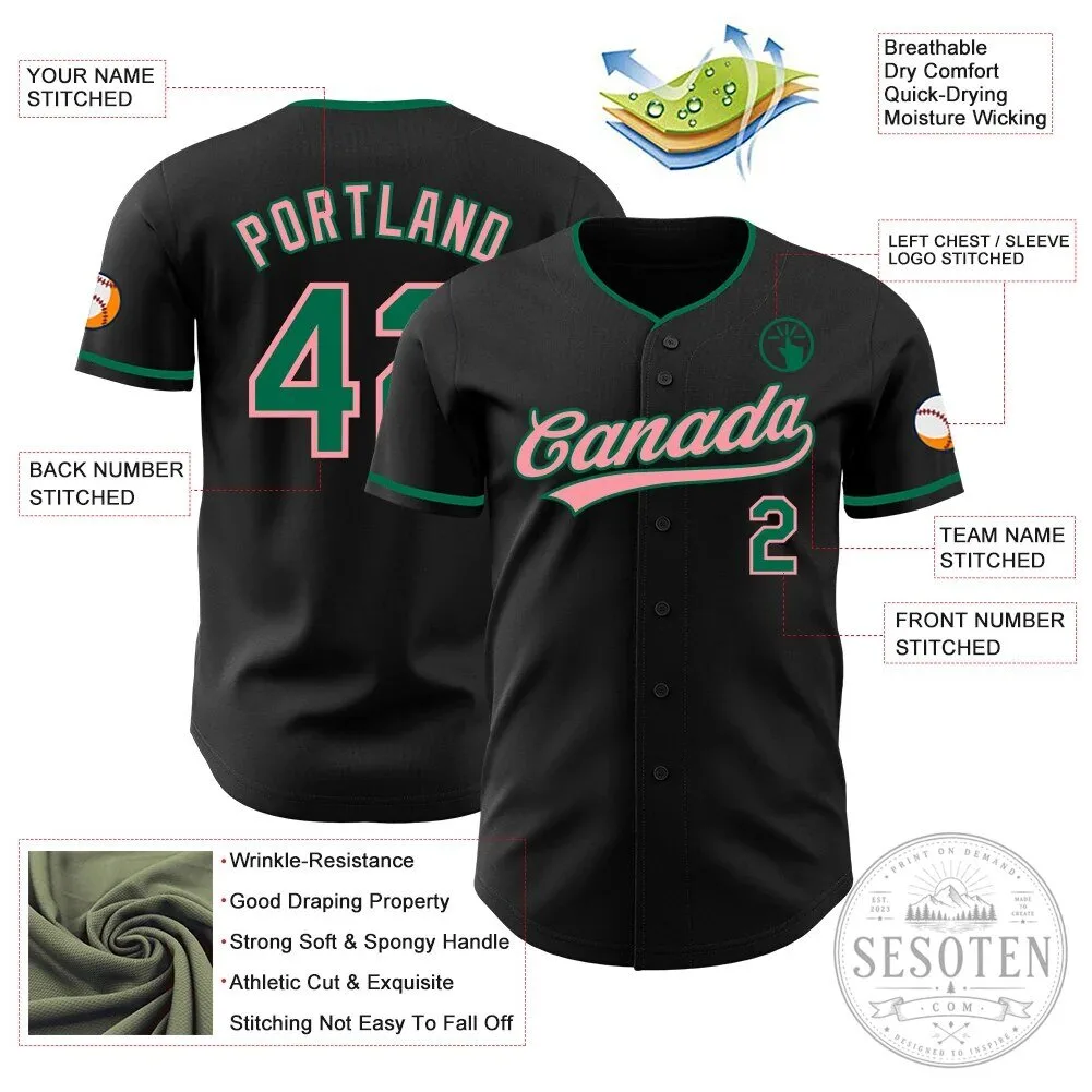 Custom Black Kelly Green Pink Authentic Baseball Jersey with Your Name and Number 9 Custom Black Kelly Green Pink Authentic Baseball Jersey with Your Name and Number