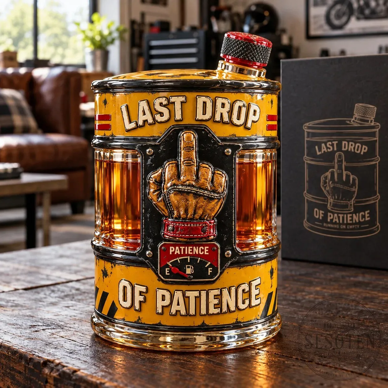 Last Drop of Patience Oil Drum Whiskey Decanter with Middle Finger Design