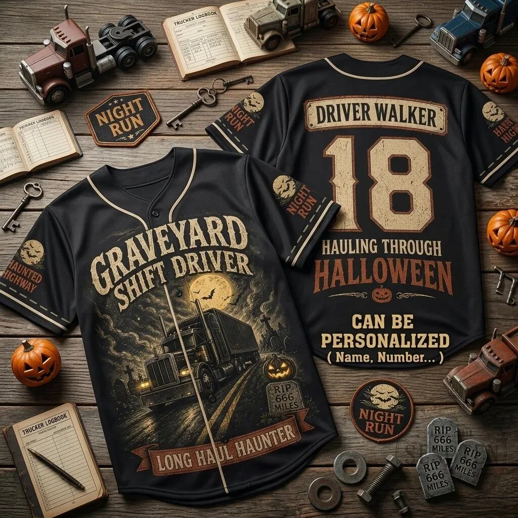 Graveyard Shift Driver Hauling Through Halloween Personalized Baseball Jersey