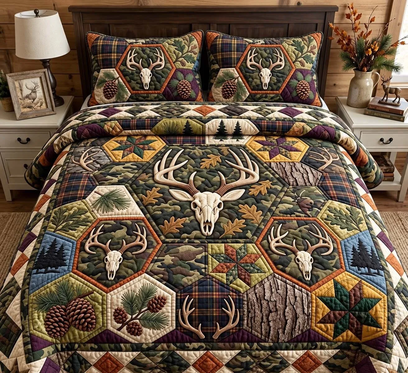 Whitetail Deer Skull Hex Patch Quilted Bedding Set with Pillow Shams