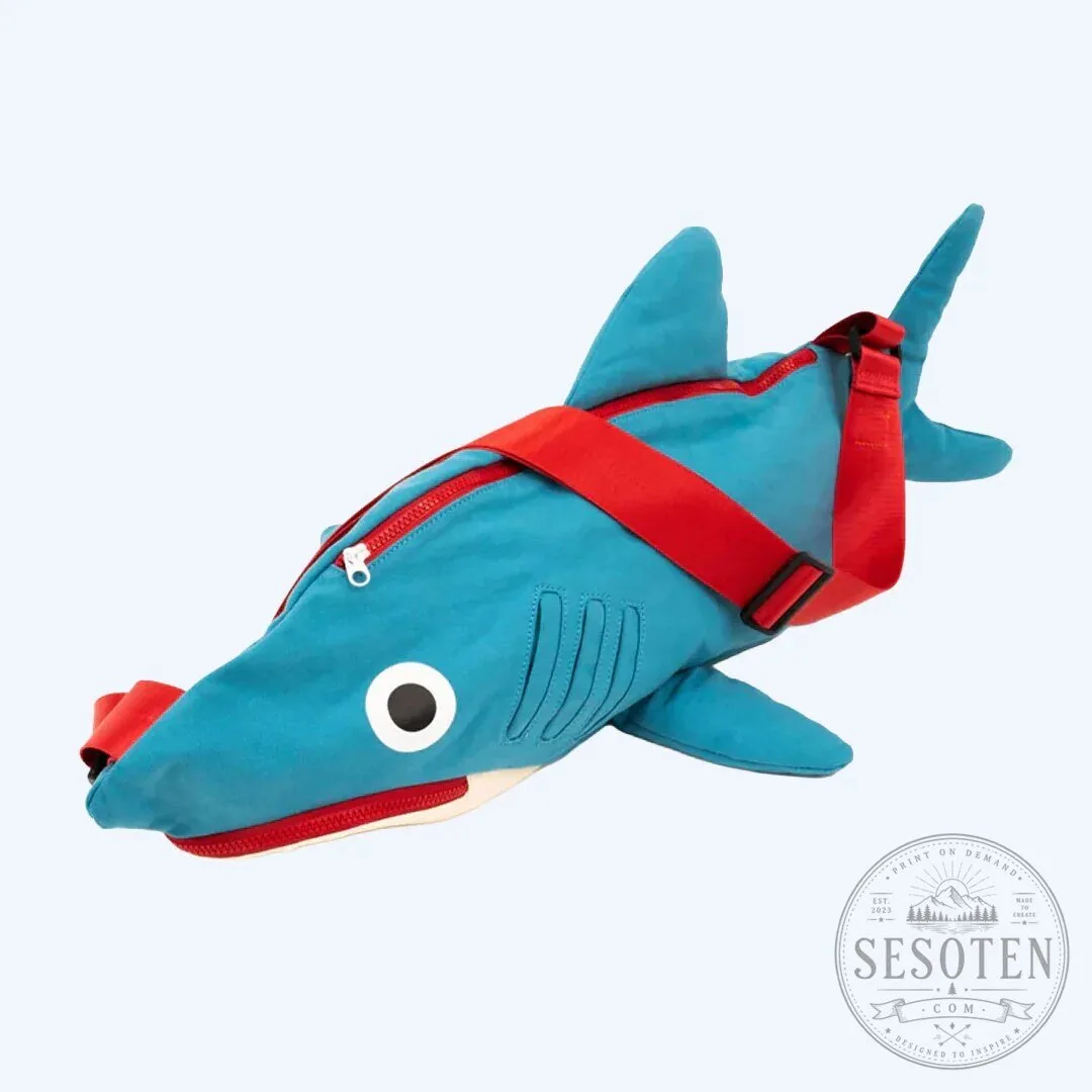 Cute Blue Shark Shaped Kids Duffle Bag with Red Strap