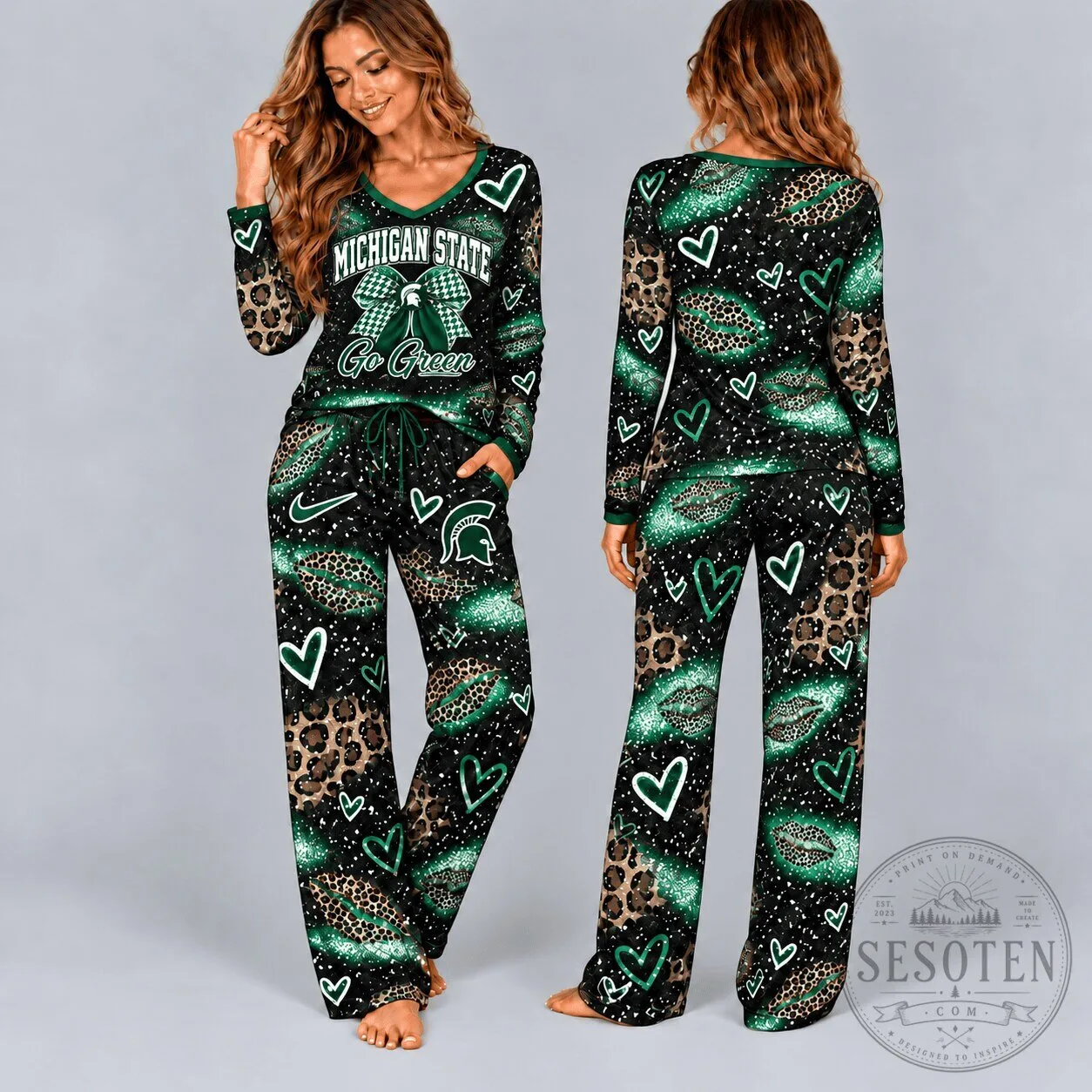 Michigan State Spartans Leopard Print Go Green Women's Pajamas Set