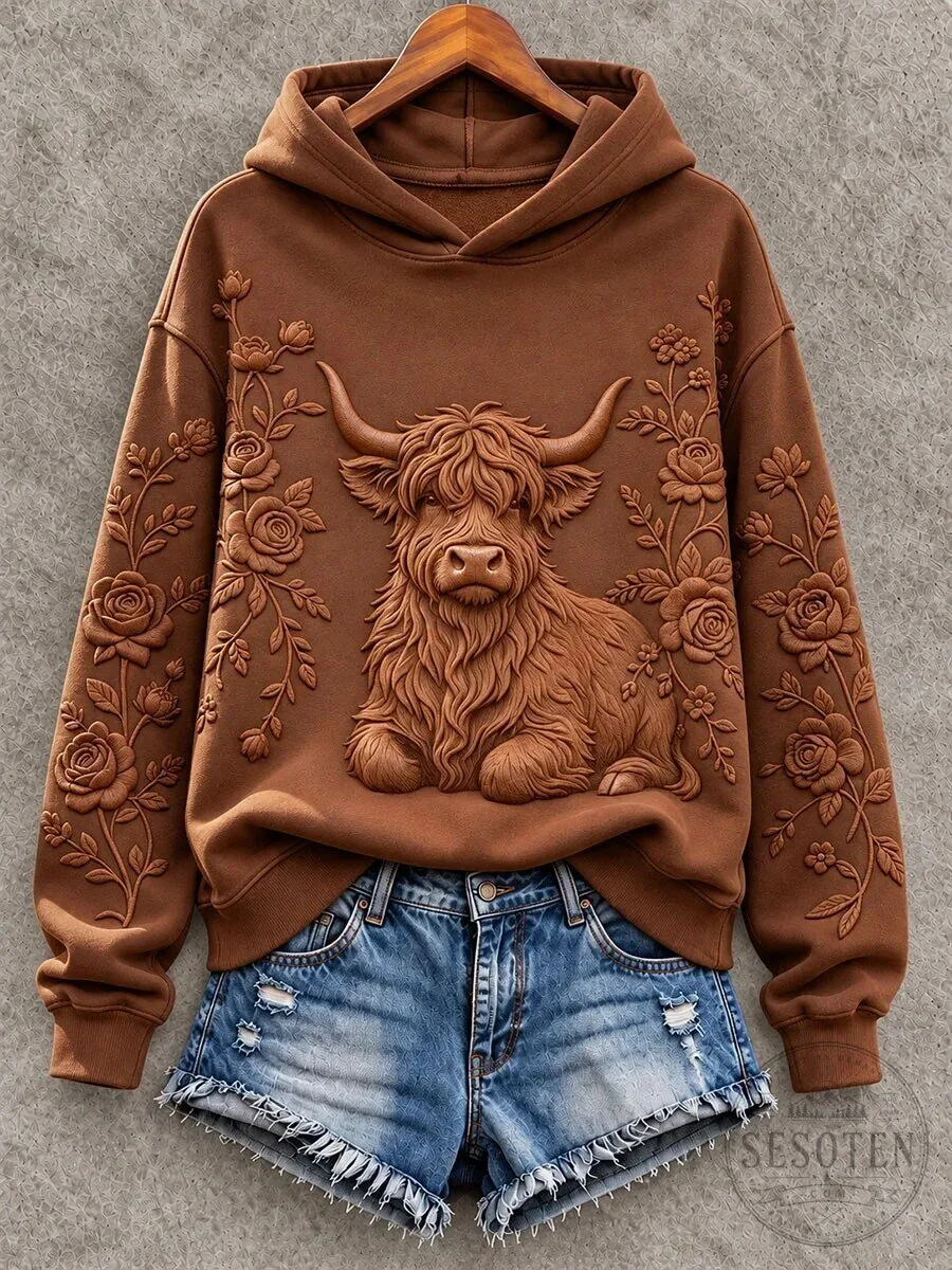 Highland Cattle Embossed Floral Design Brown Pullover Hoodie for Women
