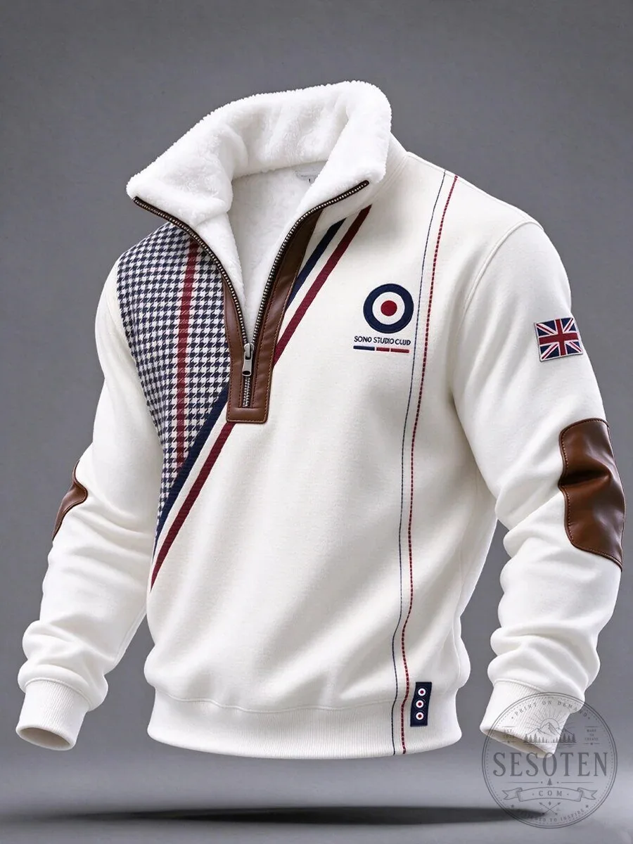 Men's Mod Style Quarter-Zip Fleece-Lined Sweatshirt with Union Jack Flag