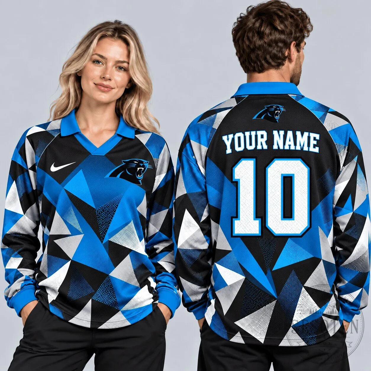 Carolina Panthers NFL Abstract Triangle Camouflage Custom Name Number Long-Sleeve Polo Shirt 3 Carolina Panthers NFL Abstract Triangle Camouflage Custom Name Number Long-Sleeve Polo Shirt