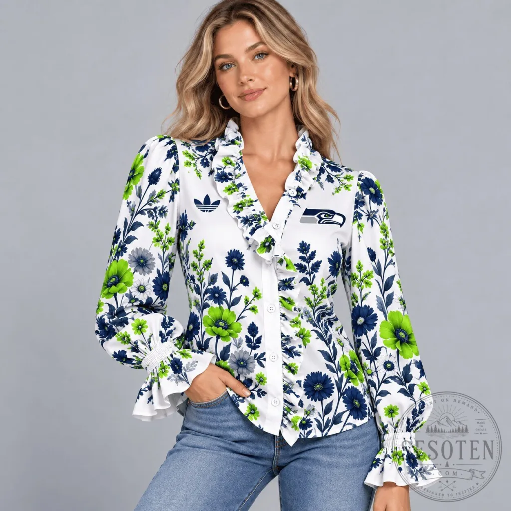 Seattle Seahawks Vintage Floral Print Ruffle Neck Button Down Long Sleeve Blouse Seattle Seahawks Vintage Floral Print Ruffle Neck Button Down Long Sleeve Blouse