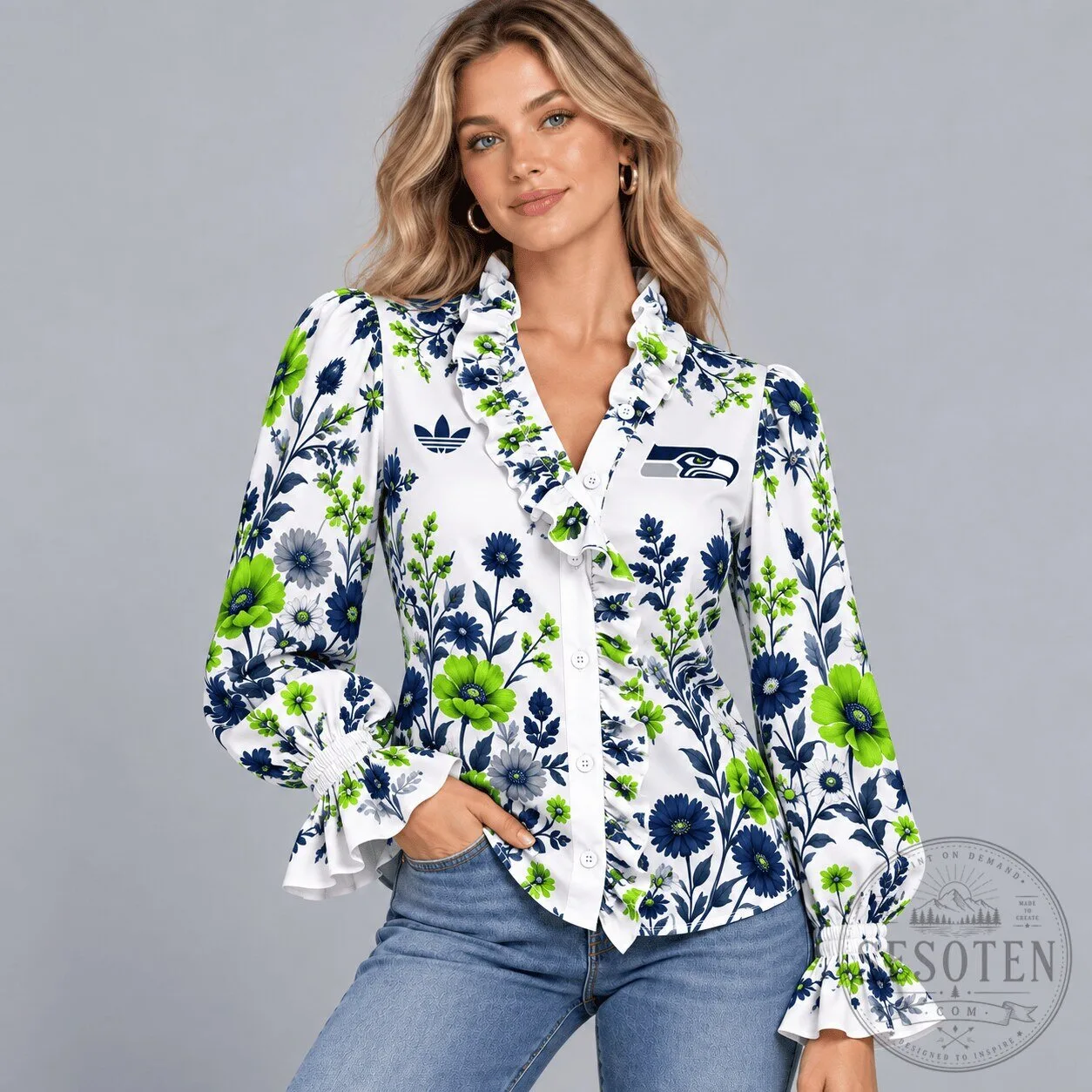 Seattle Seahawks Vintage Floral Print Ruffle Neck Button Down Long Sleeve Blouse