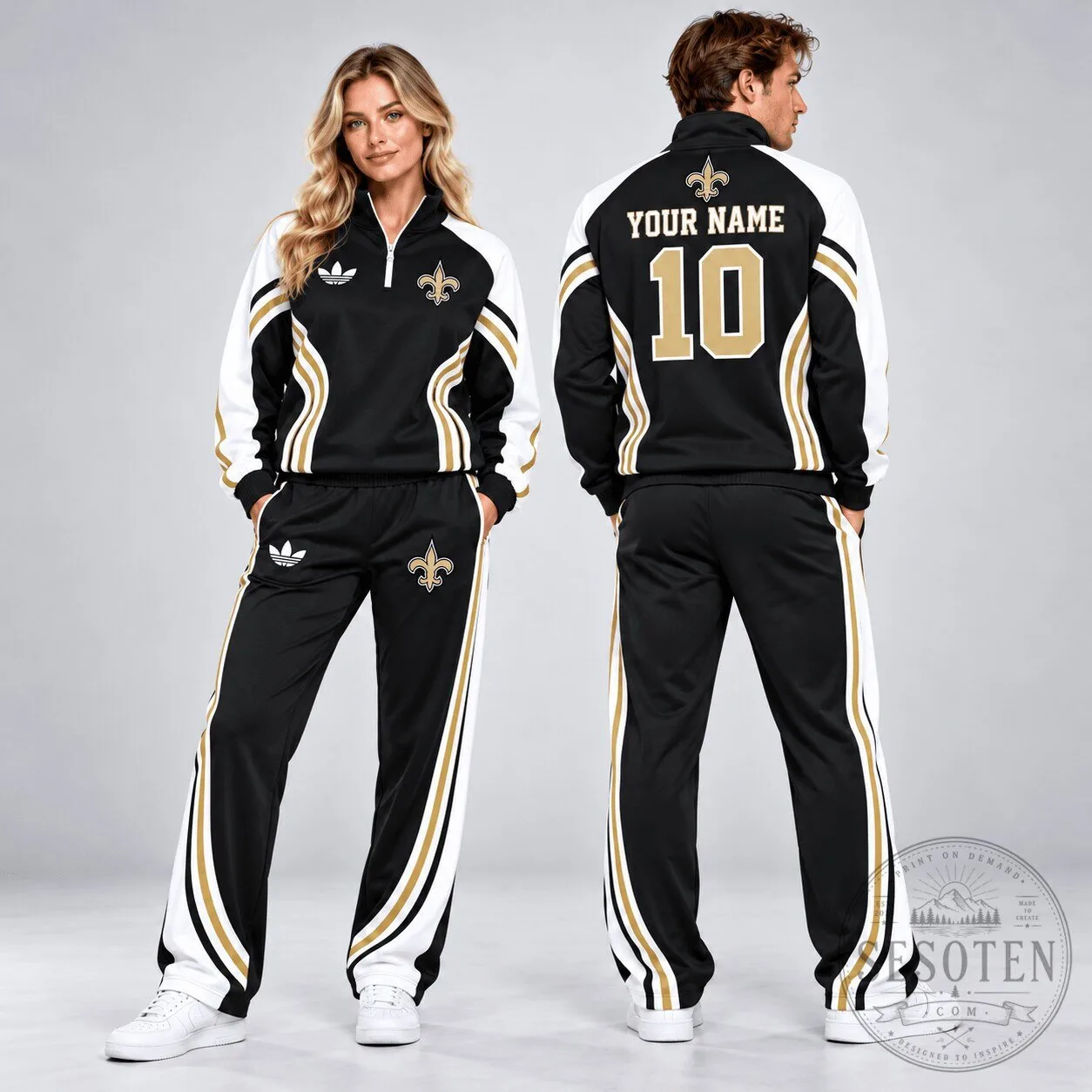 New Orleans Saints Custom Name Number Quarter Zip Pullover Sweatshirt and Track Pants