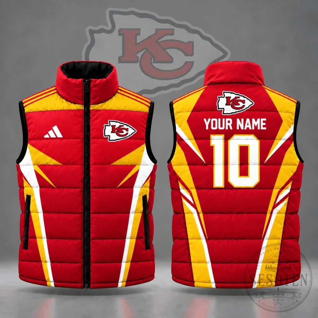Kansas City Chiefs Custom Name Number Red Gold Chevron Puffer Vest Kansas City Chiefs Custom Name Number Red Gold Chevron Puffer Vest