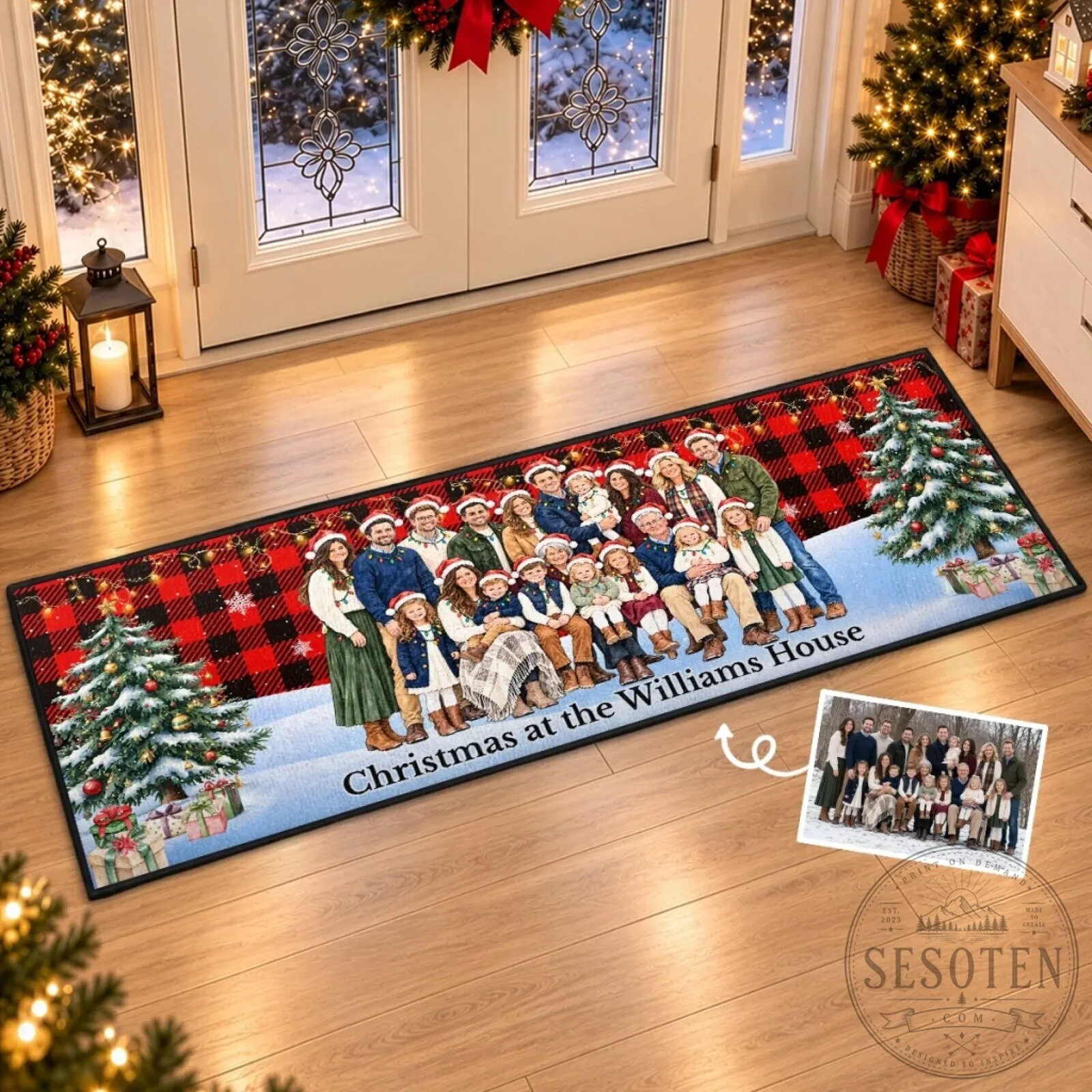 Personalized Family Photo Plaid Christmas Holiday Doormat Runner Rug