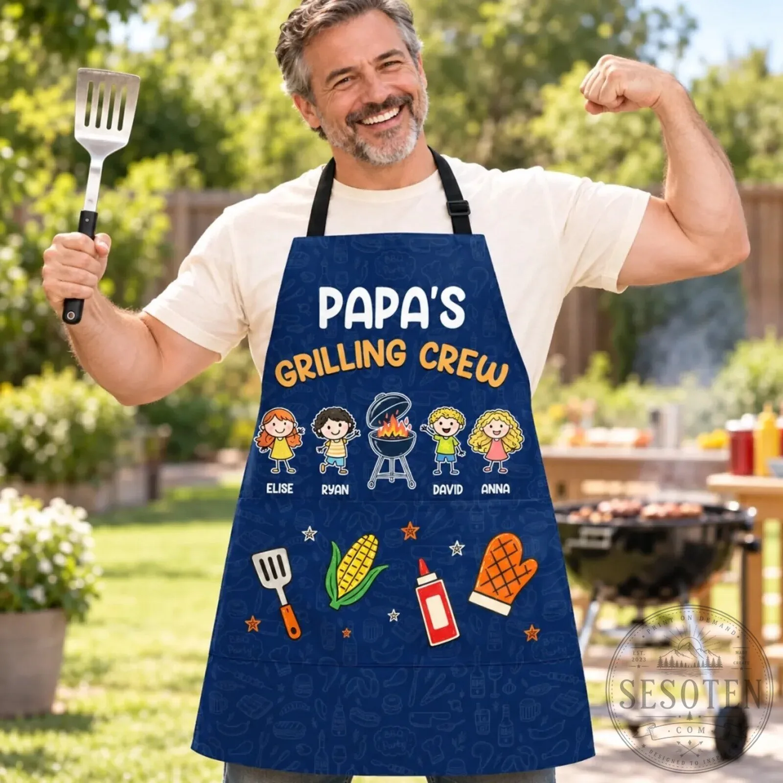 Personalized Papa's Grilling Crew Apron with Kids Names and BBQ Graphics