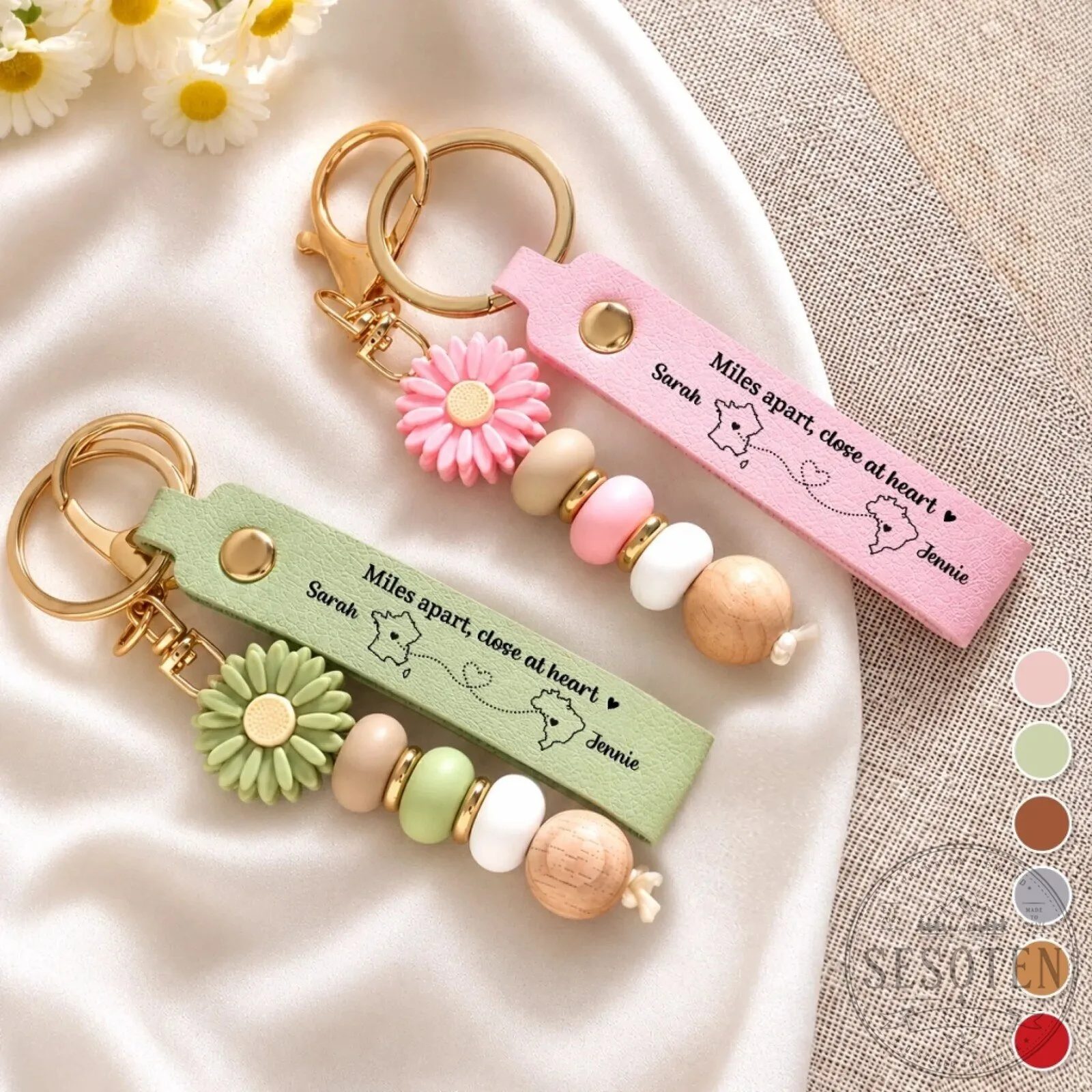 Personalized Long Distance Friendship Keychain with Daisy Charm and Custom Names