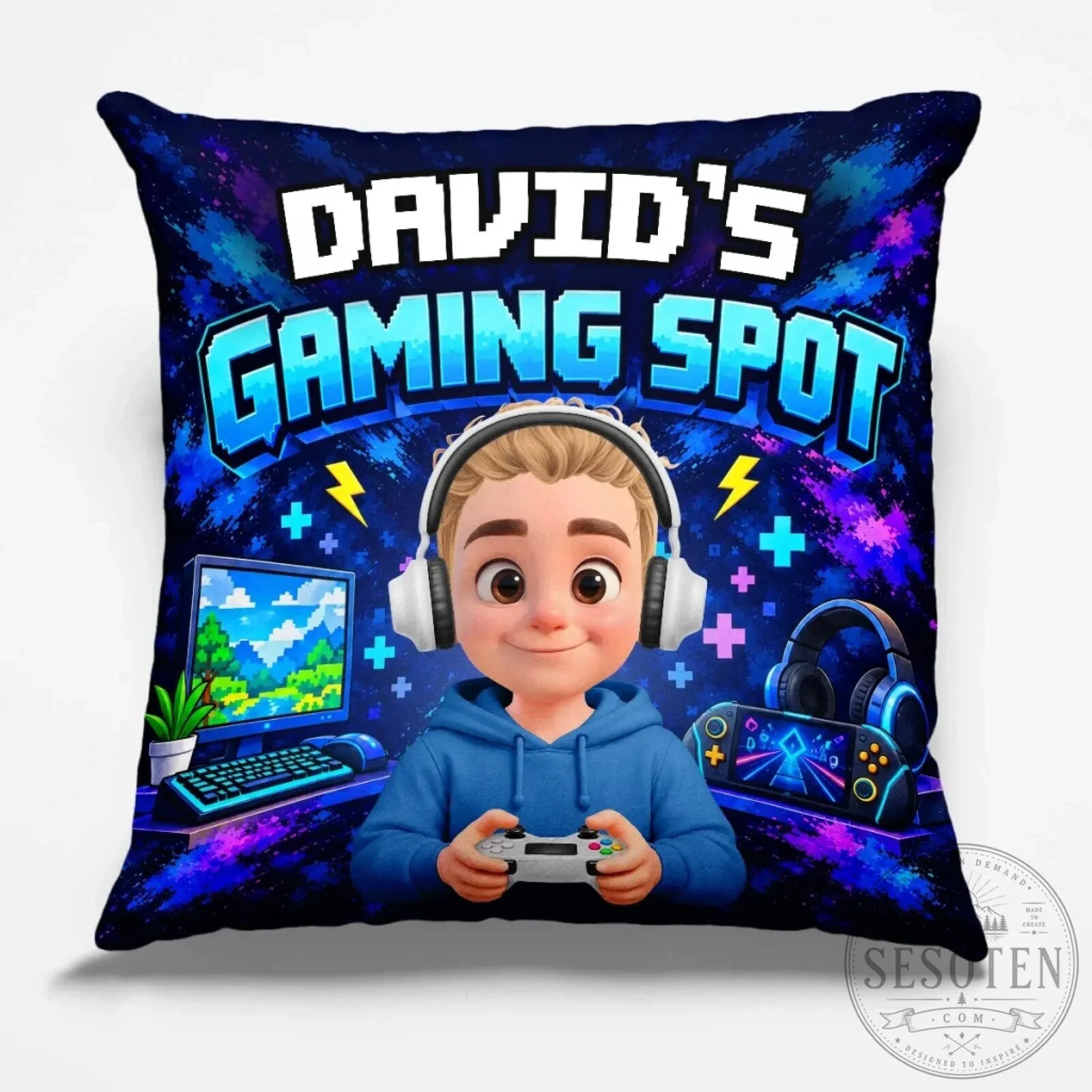 Personalized Gaming Spot Pillow for Boys, Custom Gamer Room Decor Gift