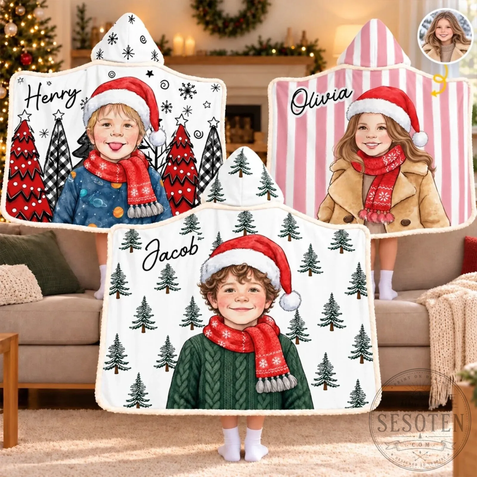 Personalized Christmas Kids Portrait Hooded Blanket - Custom Photo Holiday Gift
