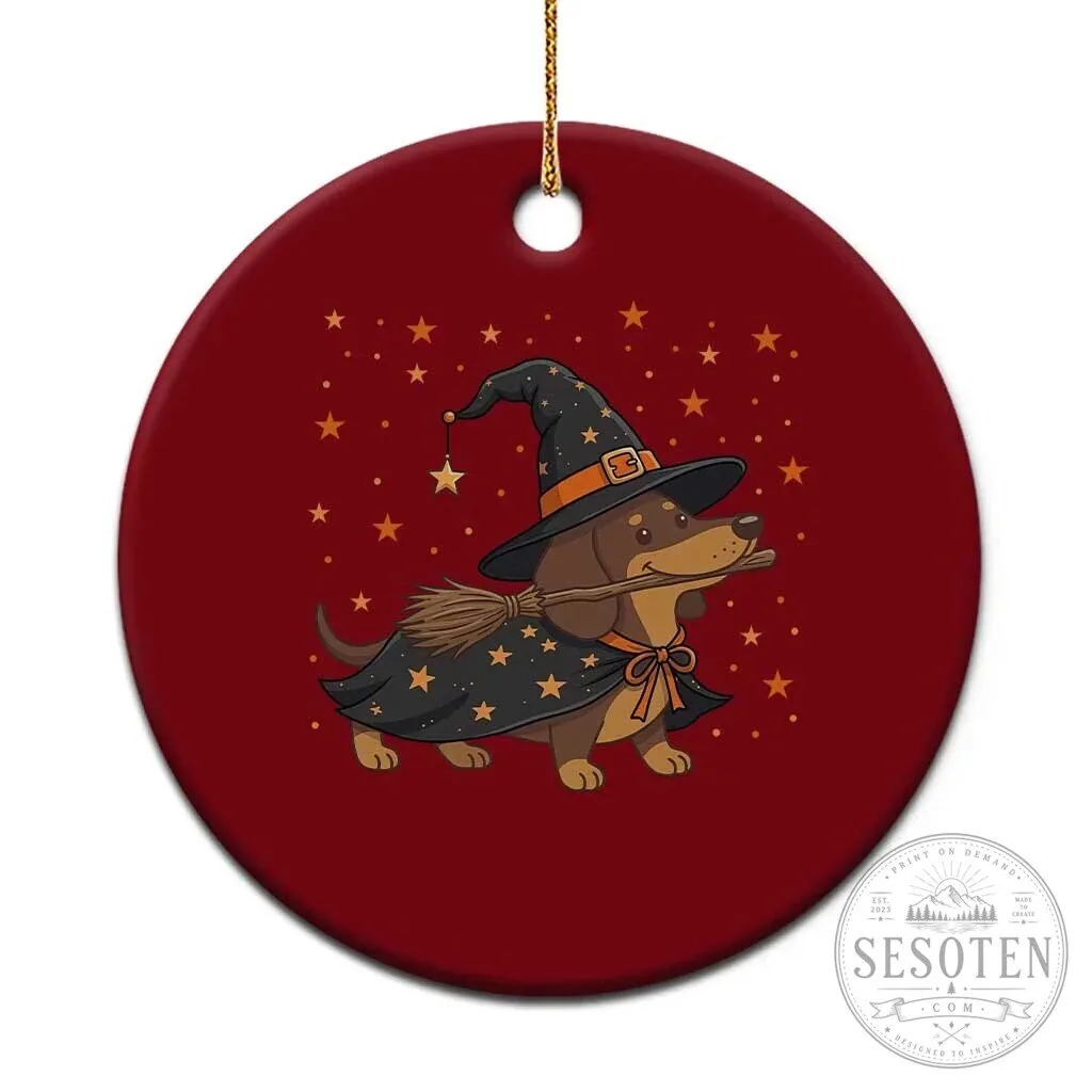 Halloween Dachshund Witch Hat Broom Stick Spooky Wiener Dog Ceramic Ornament