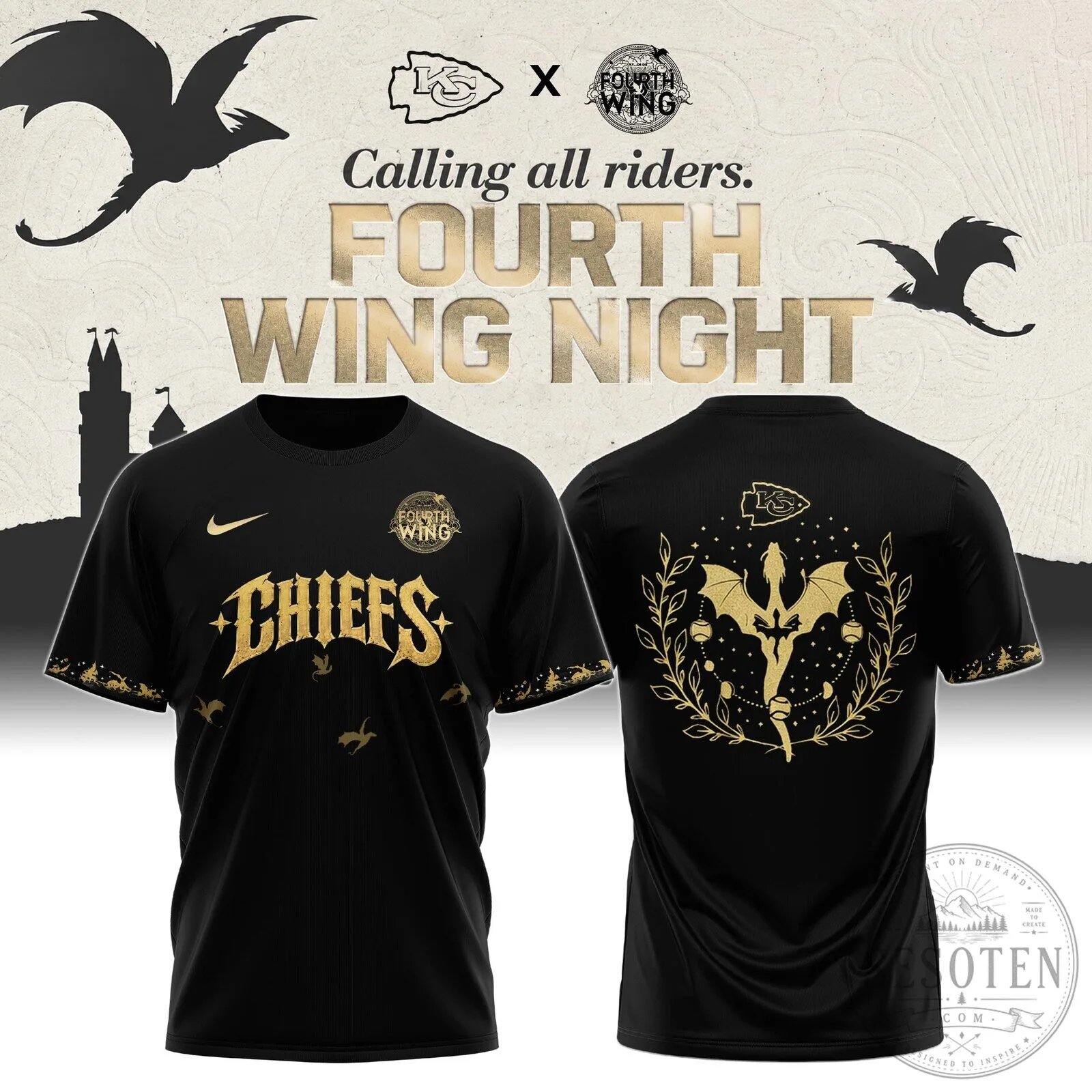 Kansas City Chiefs Fourth Wing Night Dragon Rider Gold Black Football T-Shirt