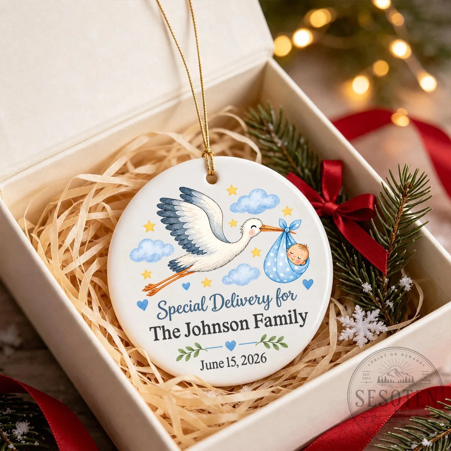 Personalized Baby Birth Announcement Stork Ceramic Ornament for The Johnson Family