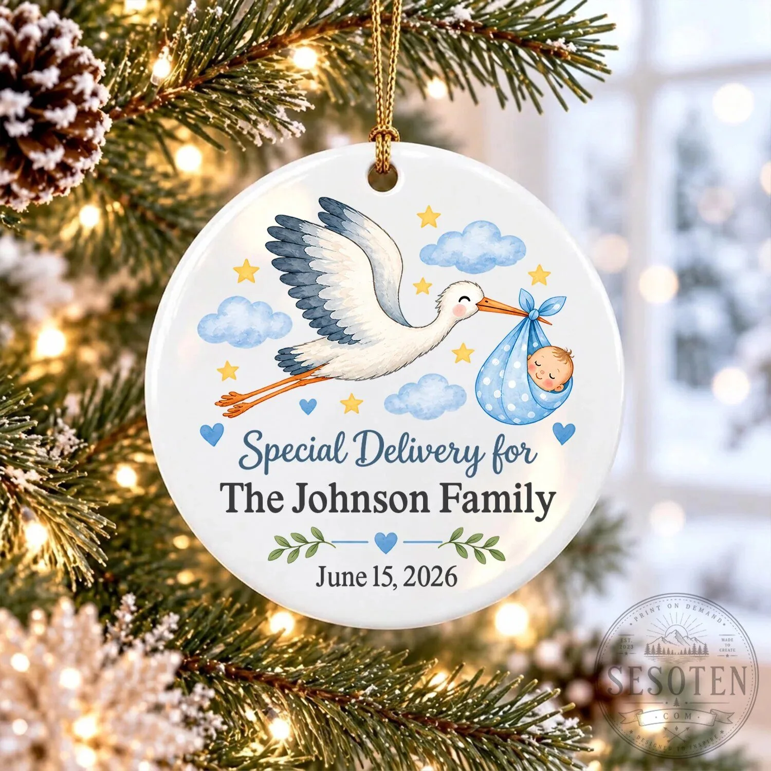 Personalized Baby Birth Announcement Stork Ceramic Ornament for The Johnson Family 10 Personalized Baby Birth Announcement Stork Ceramic Ornament for The Johnson Family