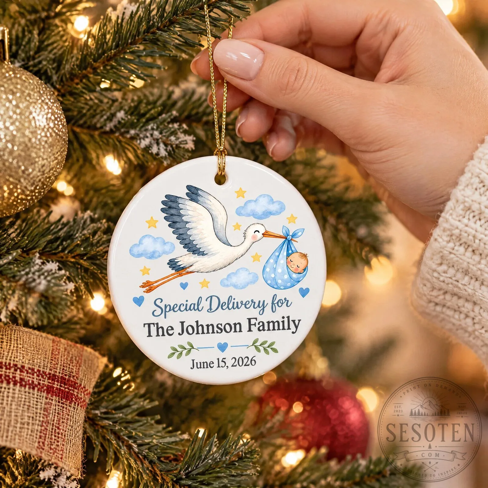 Personalized Baby Birth Announcement Stork Ceramic Ornament for The Johnson Family 11 Personalized Baby Birth Announcement Stork Ceramic Ornament for The Johnson Family