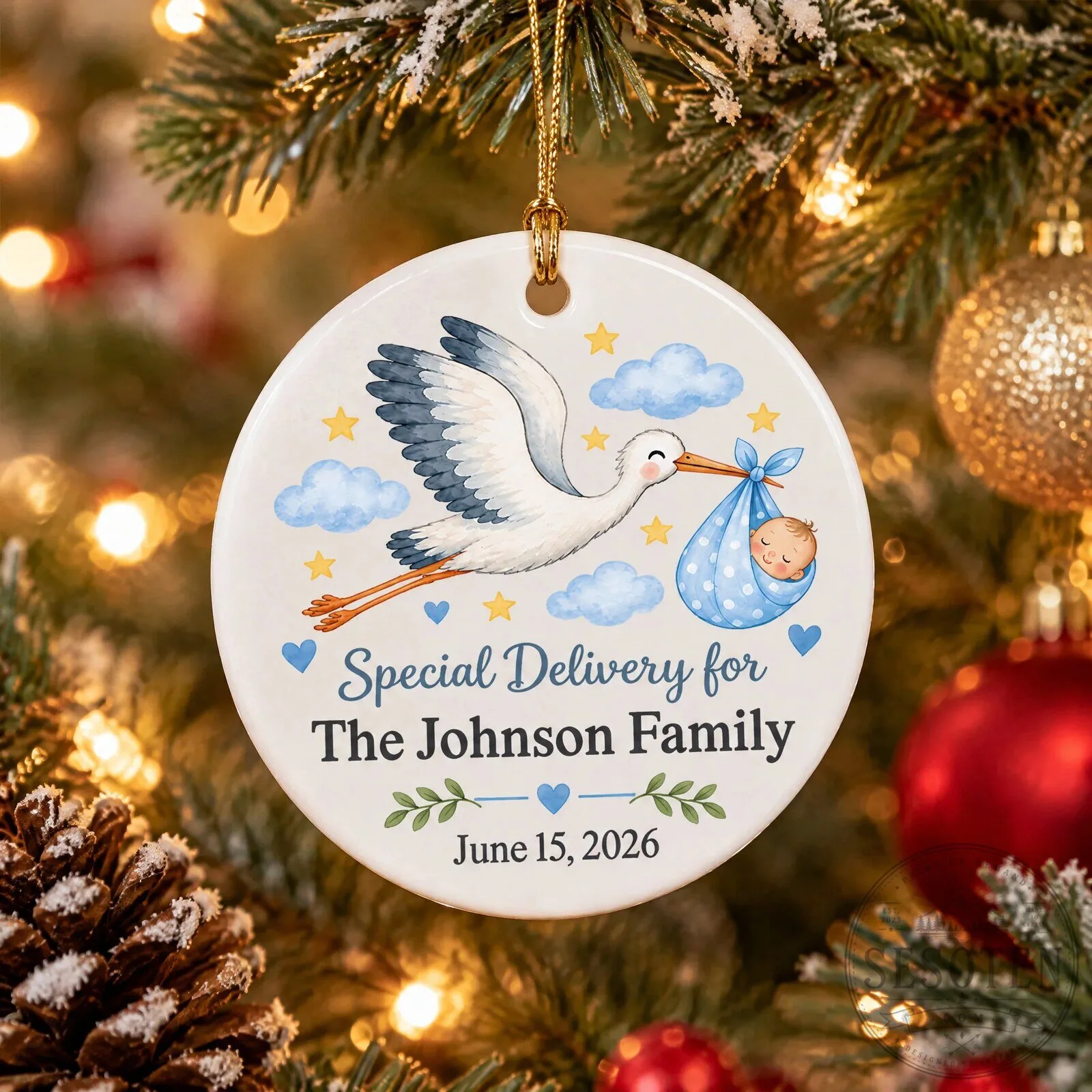 Personalized Baby Birth Announcement Stork Ceramic Ornament for The Johnson Family 12 Personalized Baby Birth Announcement Stork Ceramic Ornament for The Johnson Family