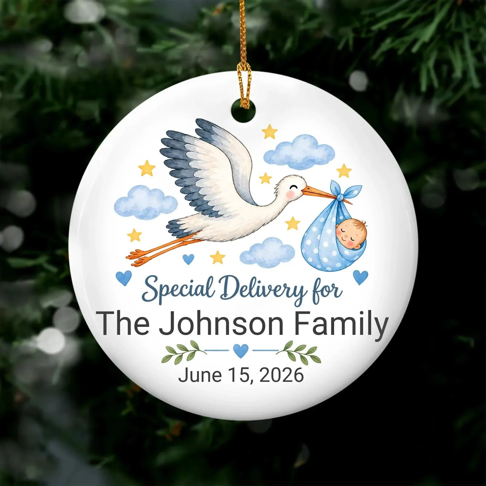 Personalized Baby Birth Announcement Stork Ceramic Ornament for The Johnson Family 13 Personalized Baby Birth Announcement Stork Ceramic Ornament for The Johnson Family