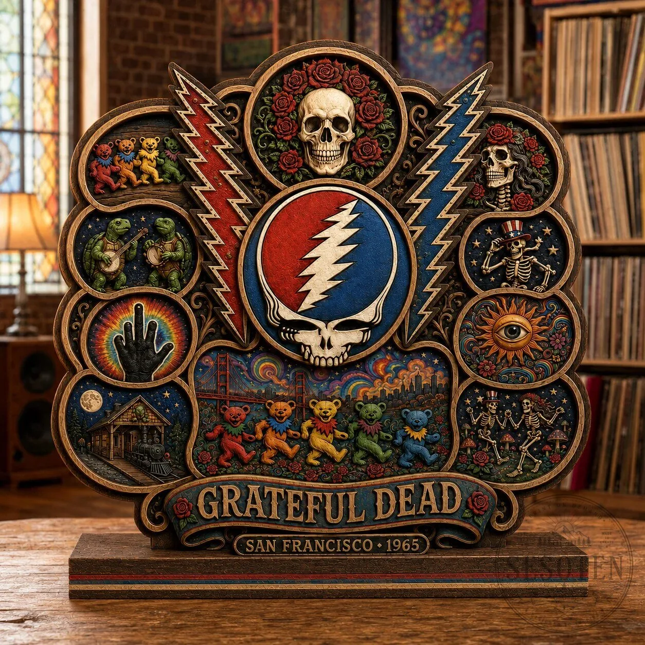 Grateful Dead Steal Your Face 3D Wooden Plaque Psychedelic Dancing Bears Art Decor
