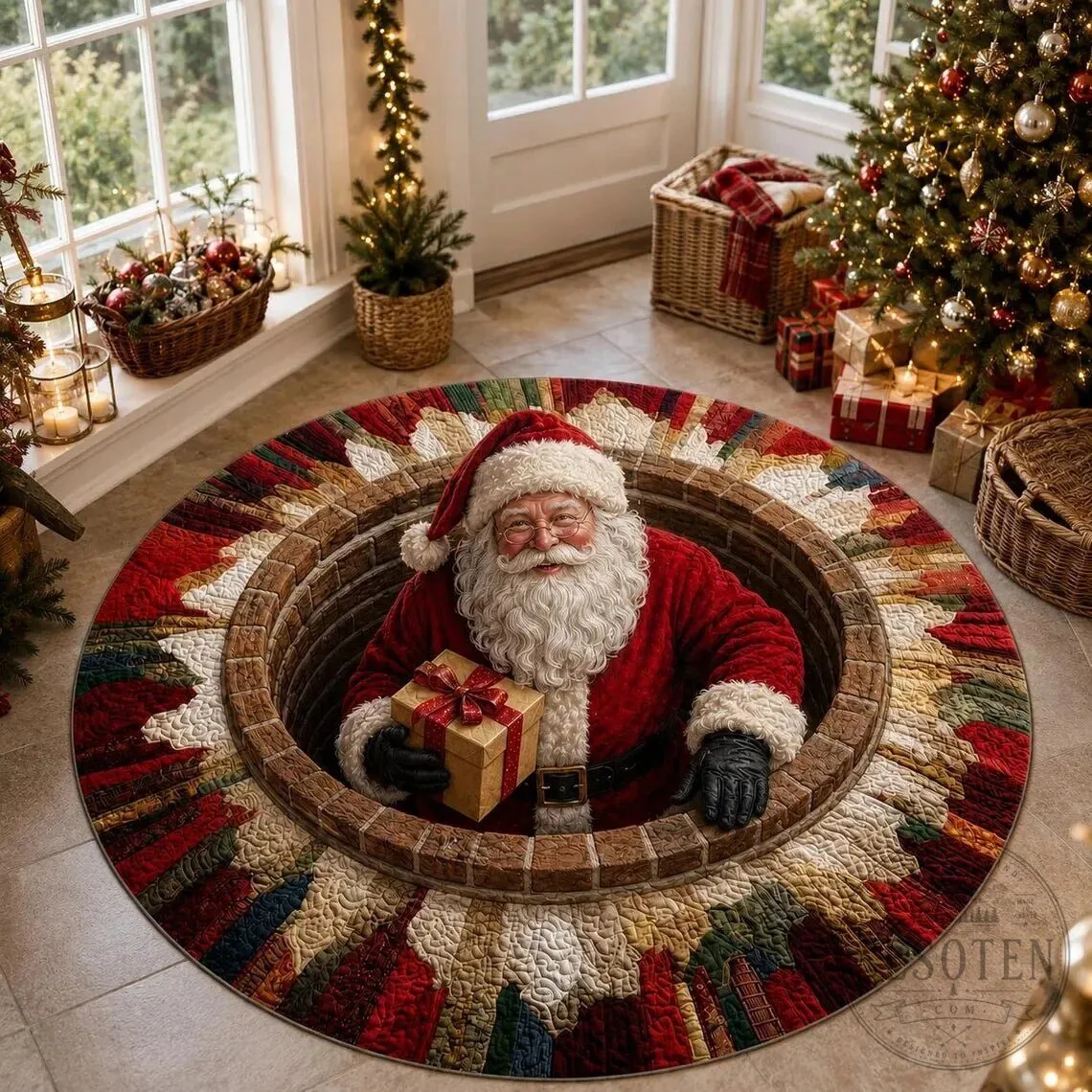 Santa Claus Christmas Illusion Round Rug Holiday Home Floor Decor