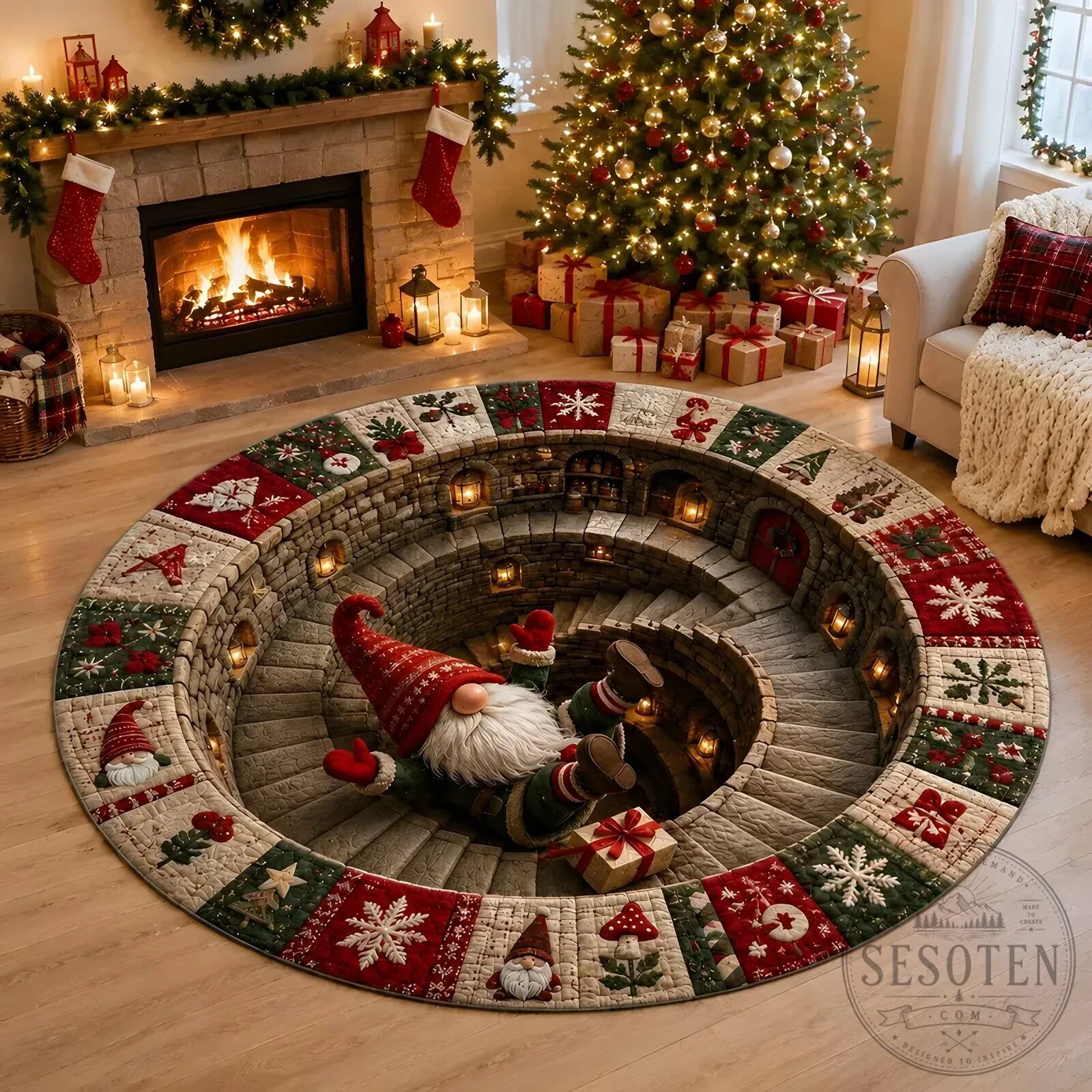 Santa Claus Christmas Illusion Round Rug Holiday Home Floor Decor 17 Santa Claus Christmas Illusion Round Rug Holiday Home Floor Decor
