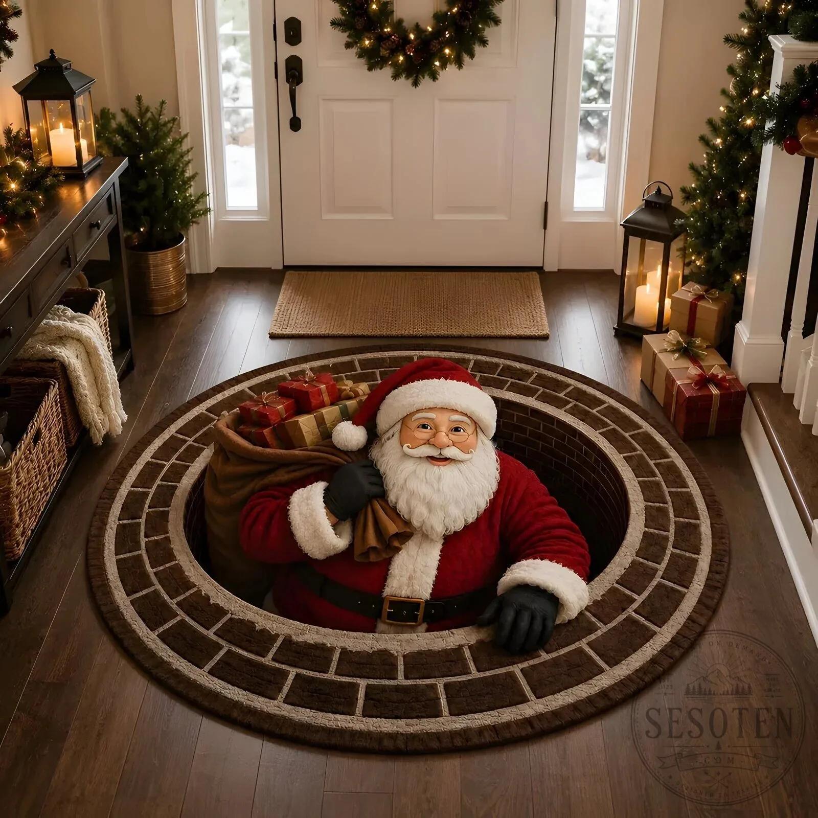 Santa Claus Christmas Illusion Round Rug Holiday Home Floor Decor 18 Santa Claus Christmas Illusion Round Rug Holiday Home Floor Decor