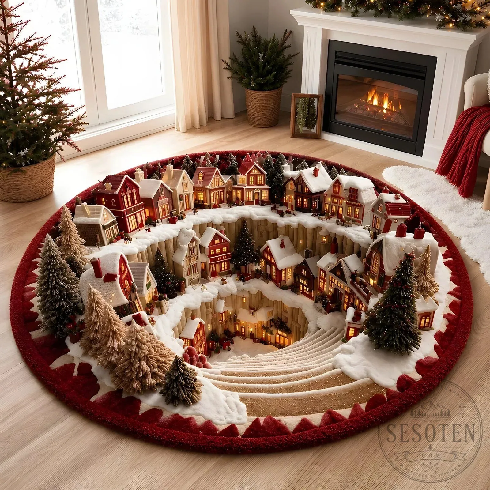 Santa Claus Christmas Illusion Round Rug Holiday Home Floor Decor 19 Santa Claus Christmas Illusion Round Rug Holiday Home Floor Decor