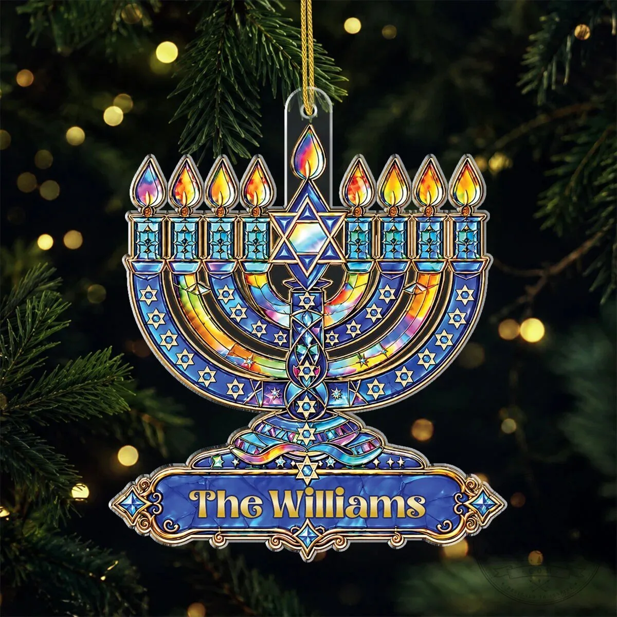 Personalized Hanukkah Menorah Stained Glass Effect Acrylic Ornament