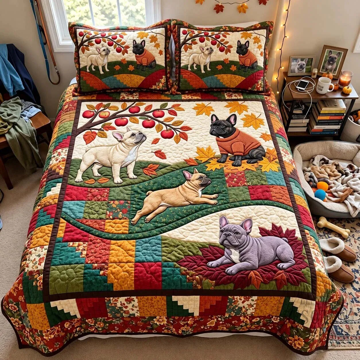 French Bulldog Apple Orchard Autumn Fall Leaves Quilted Bedding Set
