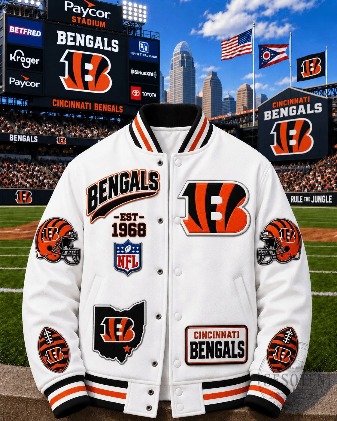 Cincinnati Bengals NFL Football Team White Varsity Jacket