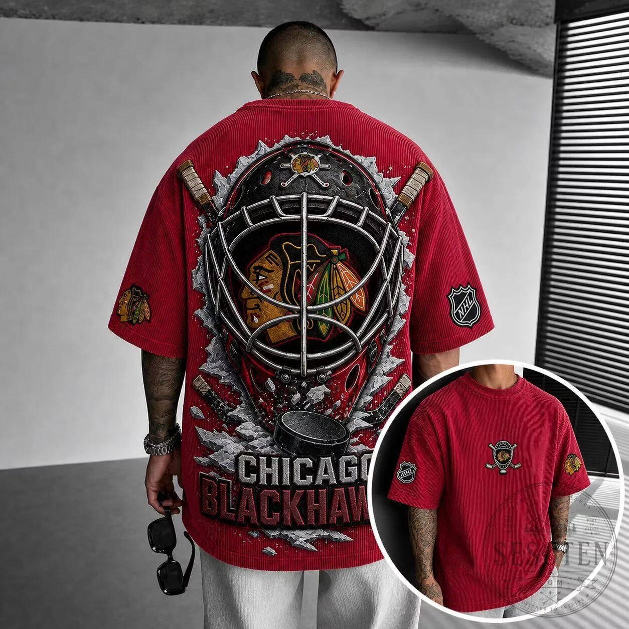Chicago Blackhawks Ice Hockey Goalie Mask Graphic Print Oversized T-Shirt 5 Chicago Blackhawks Ice Hockey Goalie Mask Graphic Print Oversized T-Shirt