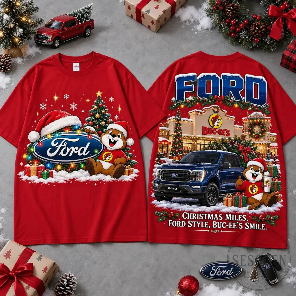 Buc-ee's Ford Christmas Cabin Car Print Holiday T-Shirt For Festive Winter Road Trips Buc-ee's Ford Christmas Cabin Car Print Holiday T-Shirt For Festive Winter Road Trips