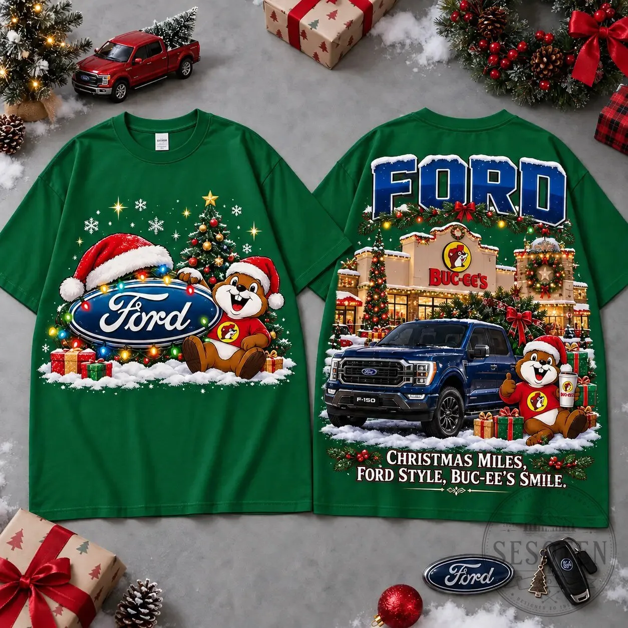 Buc-ee's Ford Christmas Cabin Car Print Holiday T-Shirt For Festive Winter Road Trips 9 Buc-ee
