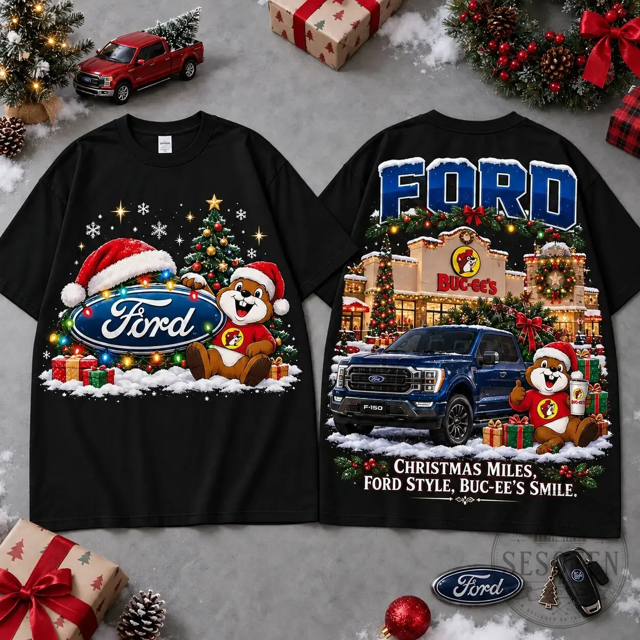 Buc-ee's Ford Christmas Cabin Car Print Holiday T-Shirt For Festive Winter Road Trips 10 Buc-ee