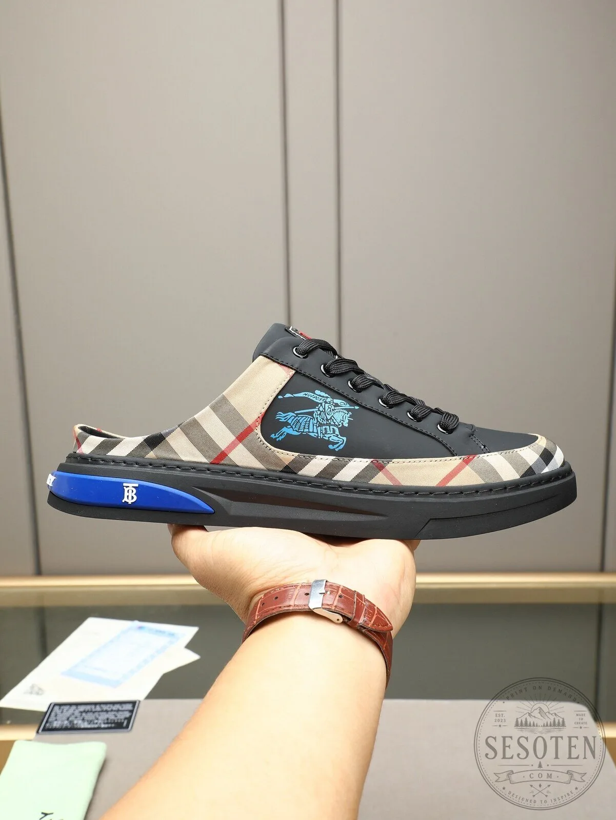 Burberry Check Pattern Slip-On Sneakers with Blue Logo Detail 8 Burberry Check Pattern Slip-On Sneakers with Blue Logo Detail