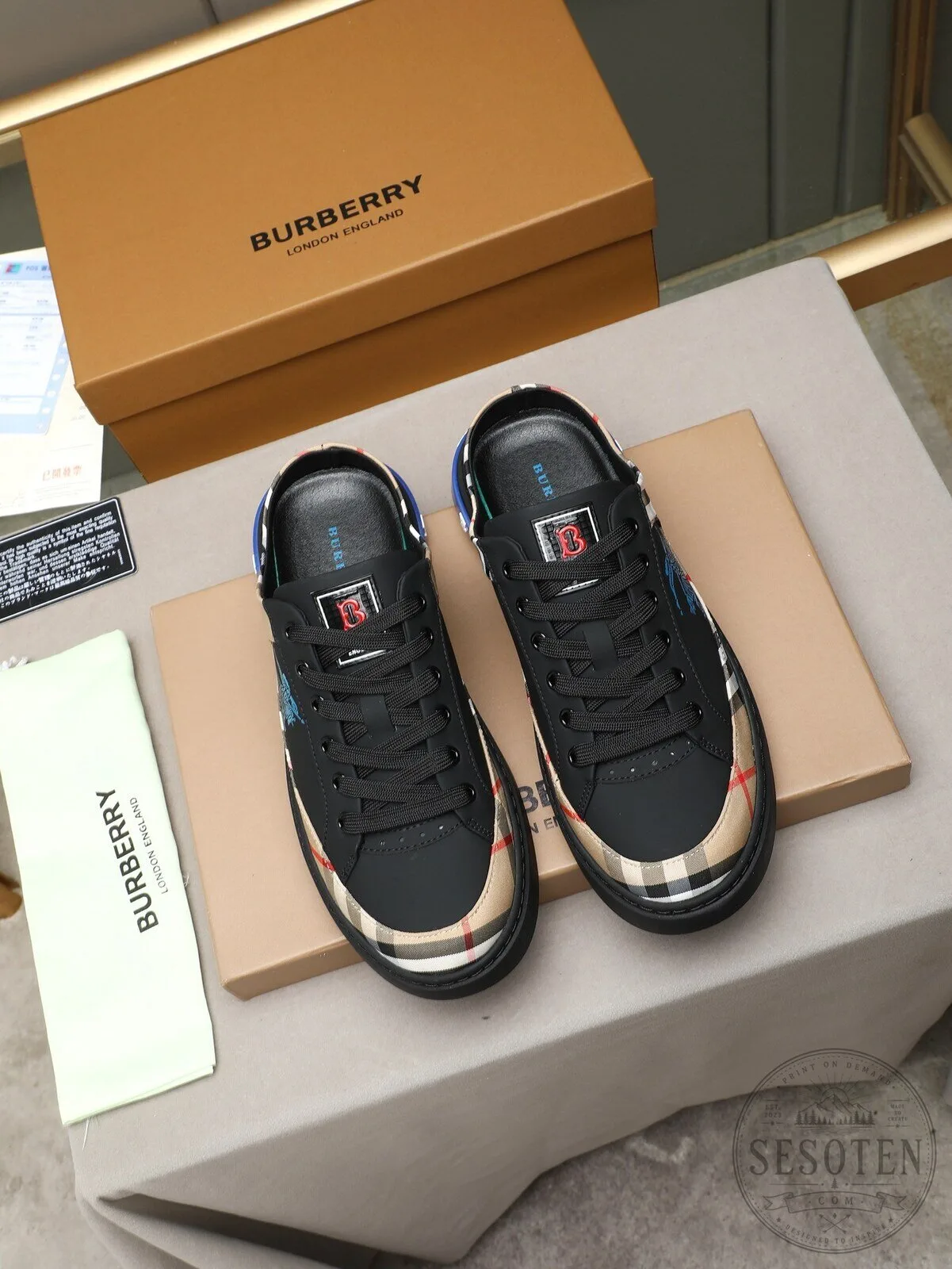 Burberry Check Pattern Slip-On Sneakers with Blue Logo Detail 9 Burberry Check Pattern Slip-On Sneakers with Blue Logo Detail