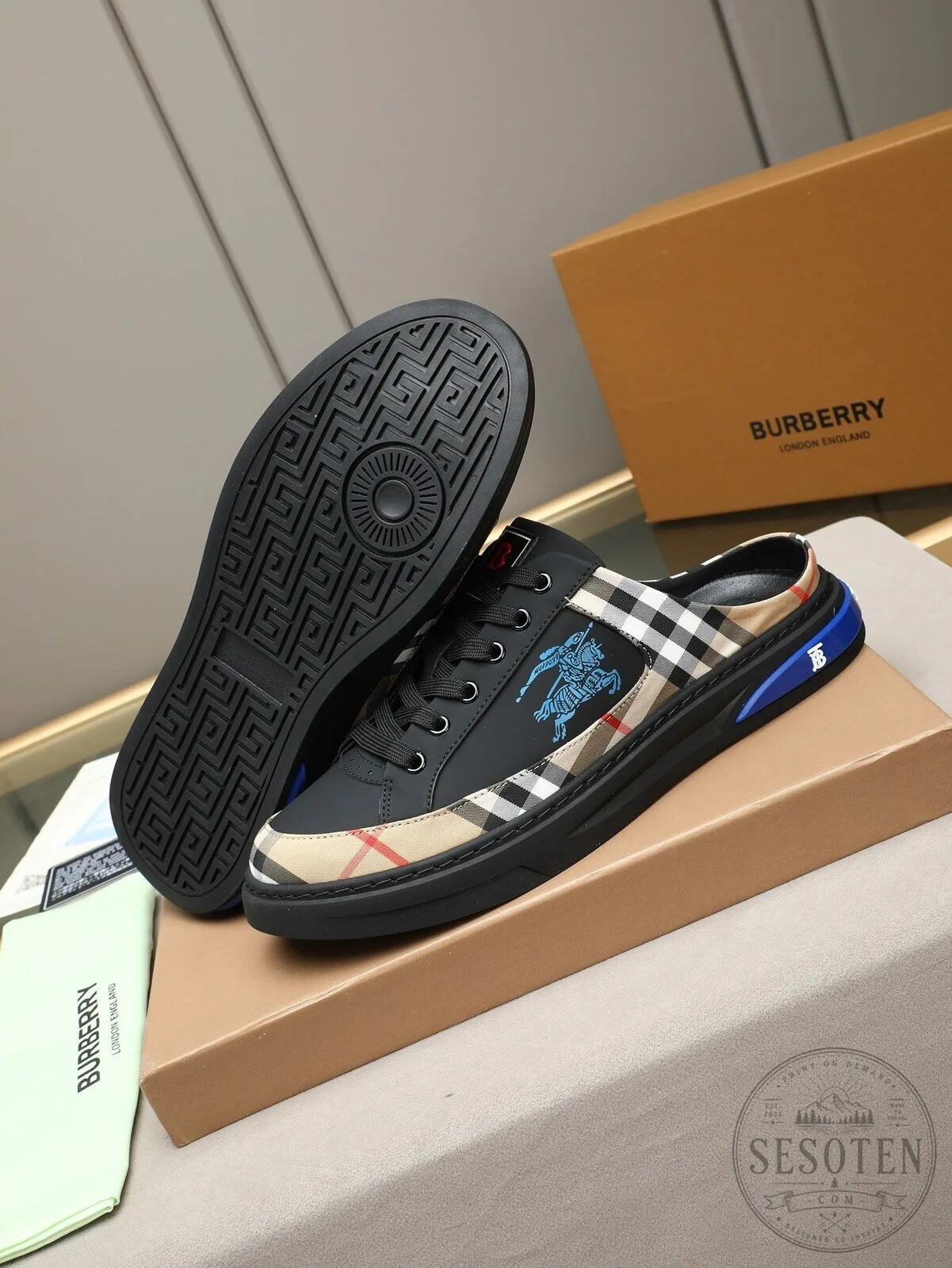 Burberry Check Pattern Slip-On Sneakers with Blue Logo Detail 10 Burberry Check Pattern Slip-On Sneakers with Blue Logo Detail