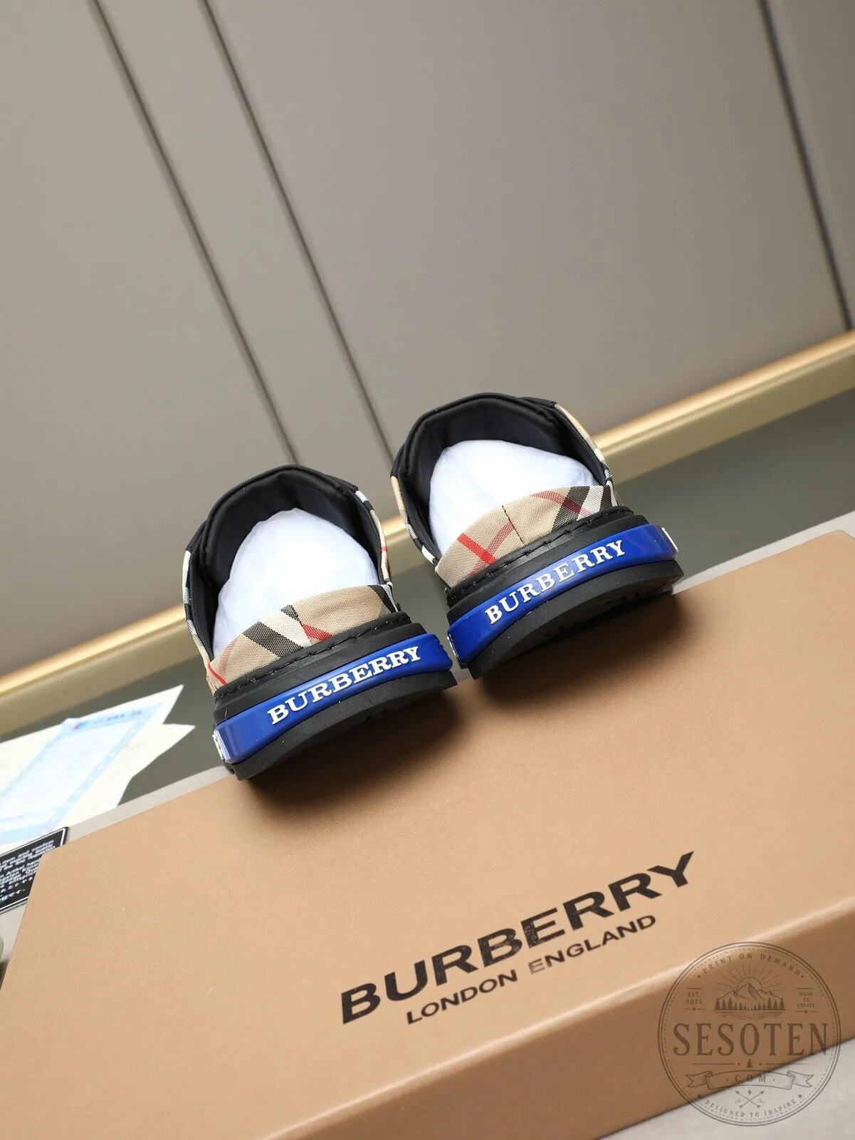 Burberry Check Pattern Slip-On Sneakers with Blue Logo Detail 11 Burberry Check Pattern Slip-On Sneakers with Blue Logo Detail