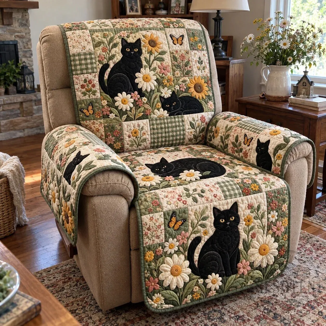 Black Cat Daisy Meadow Quilted Sofa Cover for Recliner Chair Protector 13 Black Cat Daisy Meadow Quilted Sofa Cover for Recliner Chair Protector
