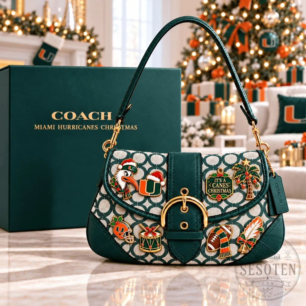 Miami Hurricanes Christmas Coach Signature Pattern Shoulder Bag with Charms Miami Hurricanes Christmas Coach Signature Pattern Shoulder Bag with Charms