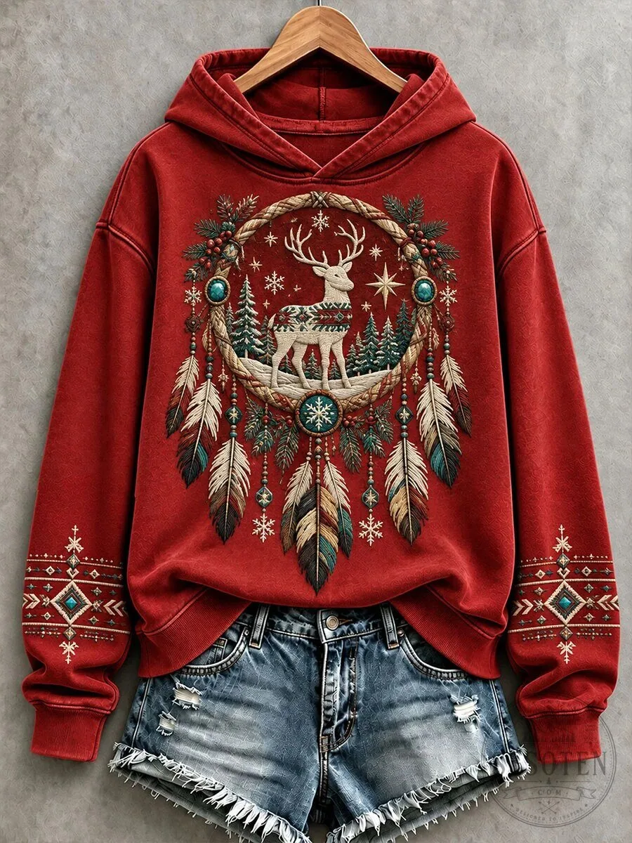 Christmas Dreamcatcher Deer Print Women's Long Sleeve Hoodie