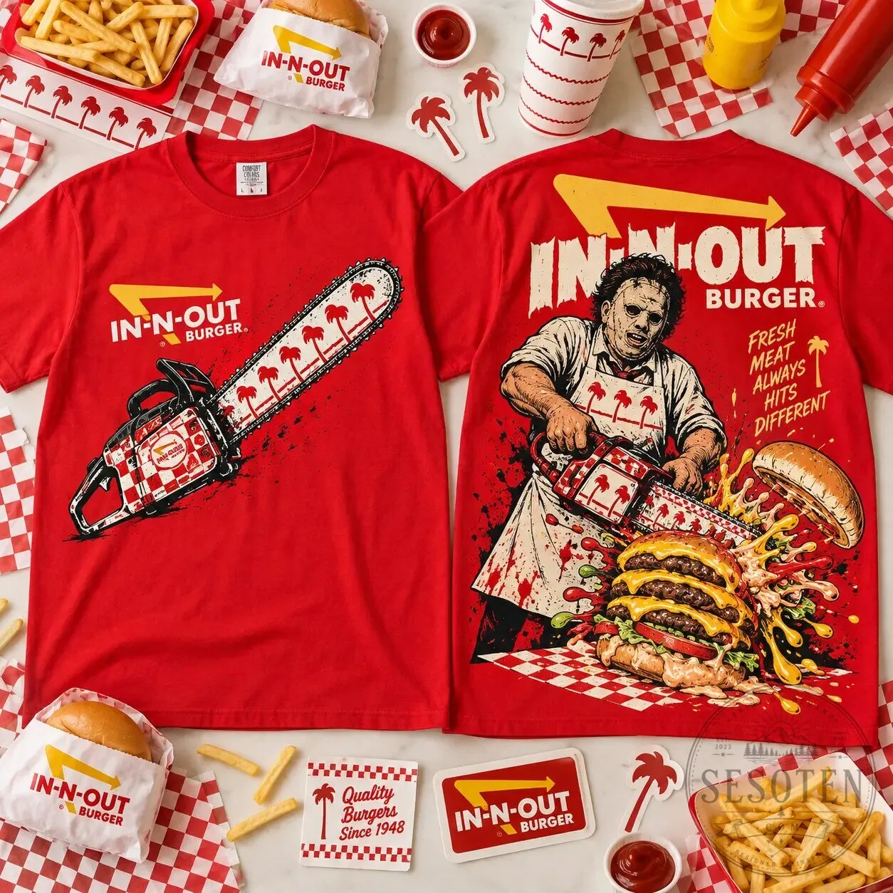 In-N-Out Burger Leatherface Chainsaw Massacre Horror Movie T-Shirt