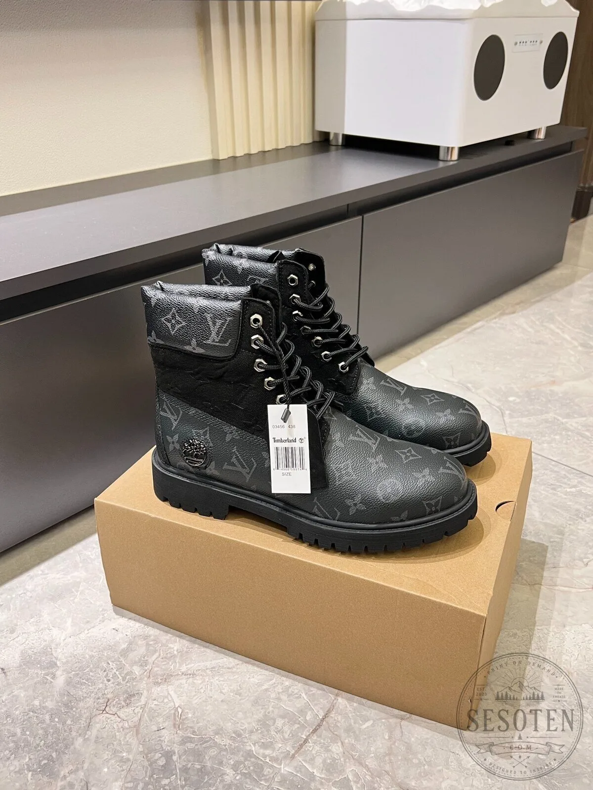 Louis Vuitton Timberland Black Monogram Pattern Waterproof Work Boots