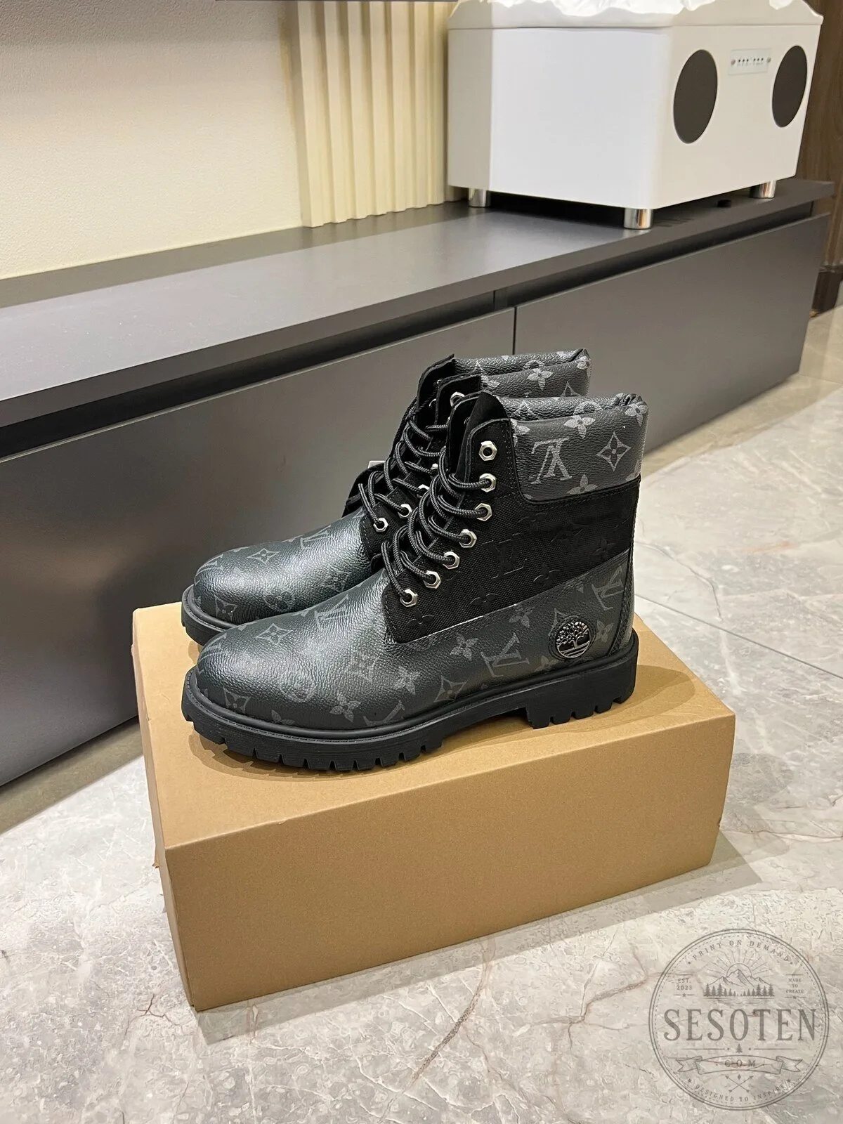 Louis Vuitton Timberland Black Monogram Pattern Waterproof Work Boots 8 Louis Vuitton Timberland Black Monogram Pattern Waterproof Work Boots